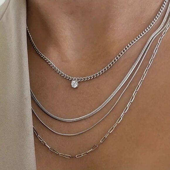 Silver Elegant Silver Layered Necklace Set - Picture 1 of 5